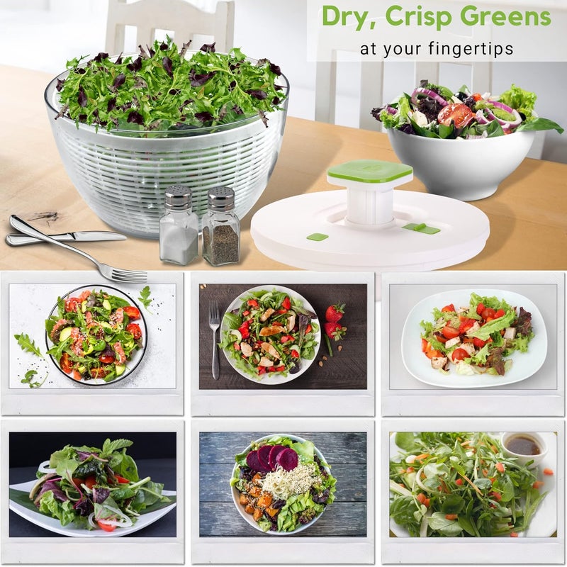 Brieftons QuickPush Salad Spinner: Large 6.3-Quart Vegetable Washer Dryer Strainer Drainer, Easy One-Handed Handle & Brake, Fast Spin Cycles, Compact Storage, to Wash, Clean & Dry Vegetables, Fruits - Image 5