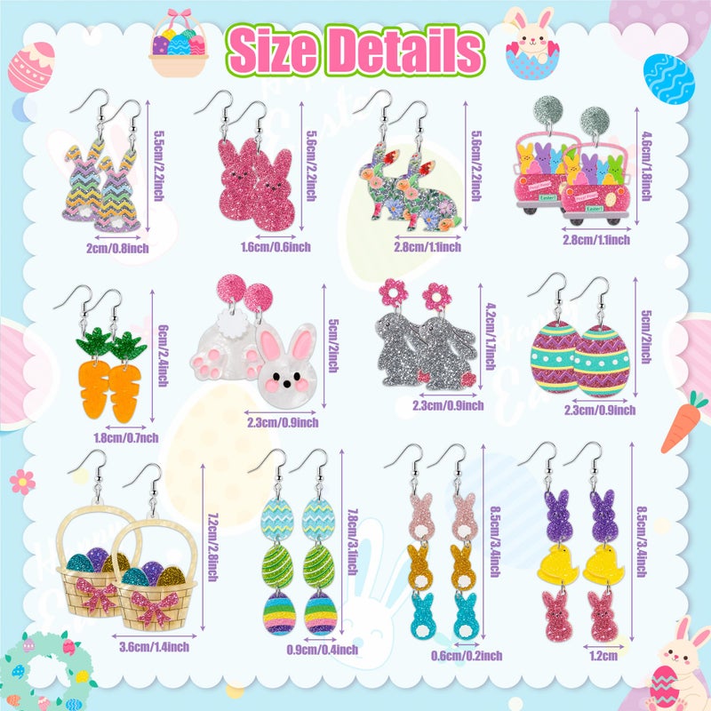 Y1tvei Easter Bunny Glitter Earrings - 12 Pairs Cute Easter Eggs Carrots Rabbits Shaped Dangle Drop Acrylic Sparkly Stud Earrings Ear Decoration Jewelry Accessory Ear Hook Gift for Women Holiday Party - Image 3