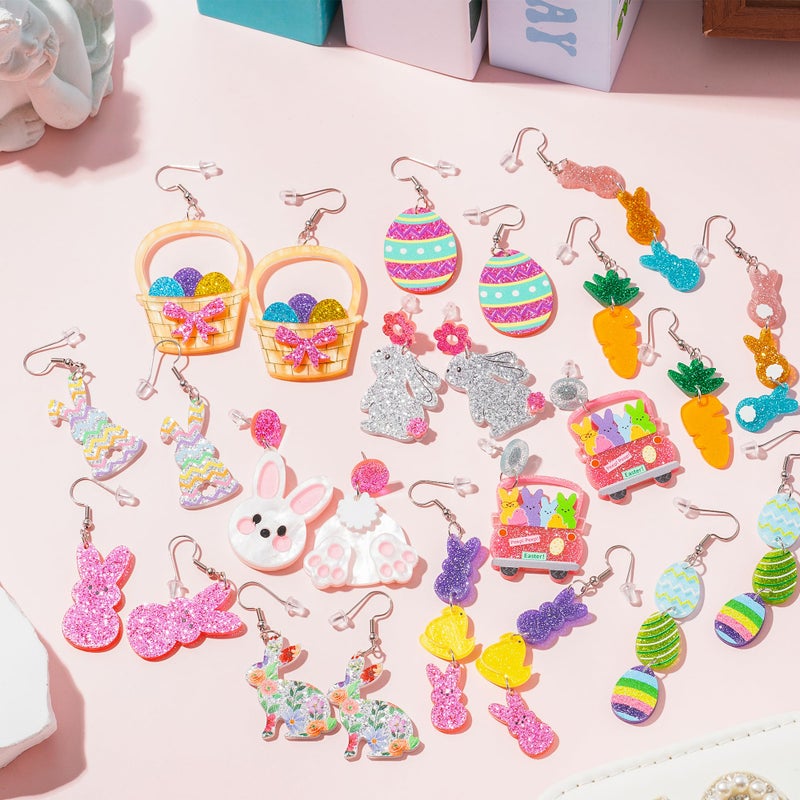 Y1tvei Easter Bunny Glitter Earrings - 12 Pairs Cute Easter Eggs Carrots Rabbits Shaped Dangle Drop Acrylic Sparkly Stud Earrings Ear Decoration Jewelry Accessory Ear Hook Gift for Women Holiday Party - Image 2