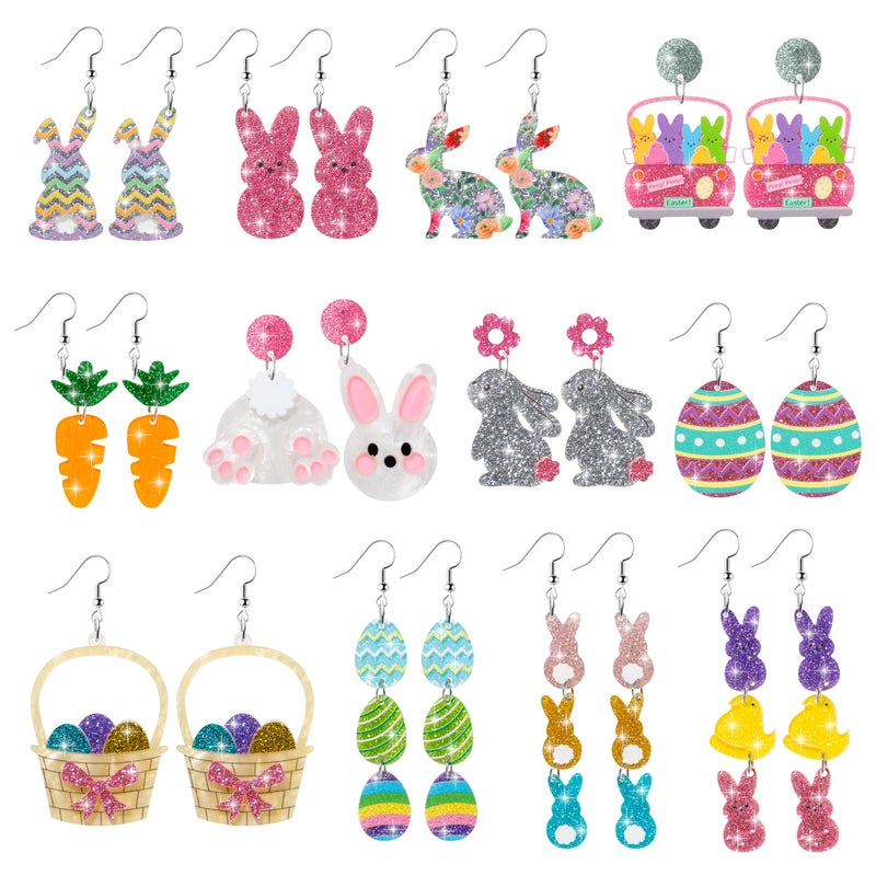 Y1tvei Easter Bunny Glitter Earrings - 12 Pairs Cute Easter Eggs Carrots Rabbits Shaped Dangle Drop Acrylic Sparkly Stud Earrings Ear Decoration Jewelry Accessory Ear Hook Gift for Women Holiday Party - Image 1