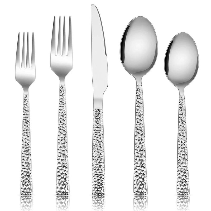 E-far 10-Piece Hammered Silverware Set, Stainless Steel Square Flatware Set Service for 2, Tableware Cutlery Set Includes Forks Spoons Knives, Modern Design & Mirror Polished - Dishwasher Safe - Image 1