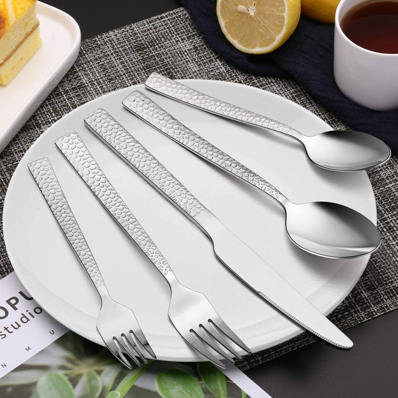 E-far 10-Piece Hammered Silverware Set, Stainless Steel Square Flatware Set Service for 2, Tableware Cutlery Set Includes Forks Spoons Knives, Modern Design & Mirror Polished - Dishwasher Safe - Image 5