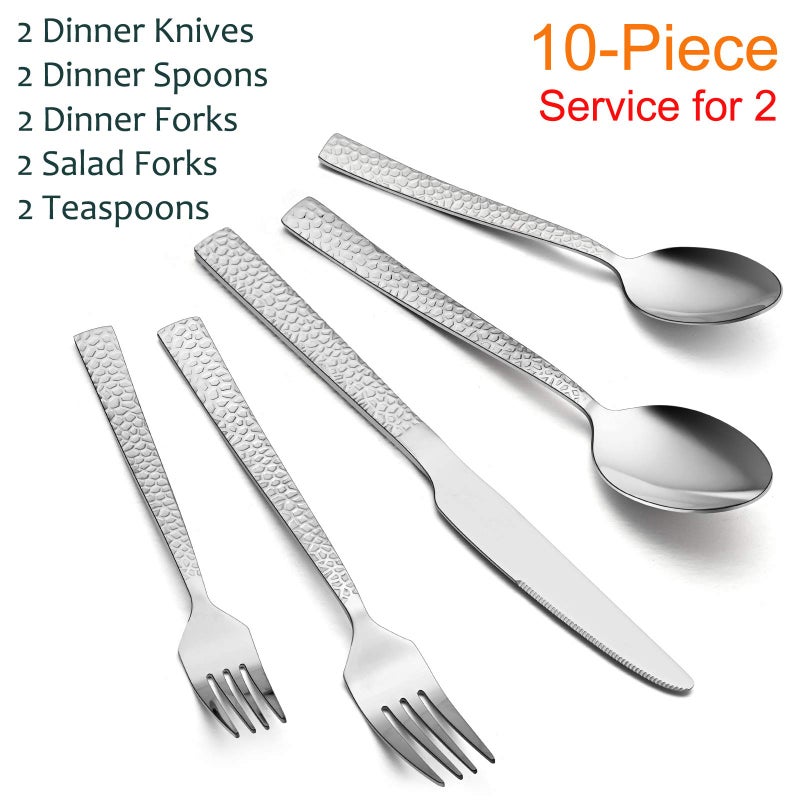 E-far 10-Piece Hammered Silverware Set, Stainless Steel Square Flatware Set Service for 2, Tableware Cutlery Set Includes Forks Spoons Knives, Modern Design & Mirror Polished - Dishwasher Safe - Image 2
