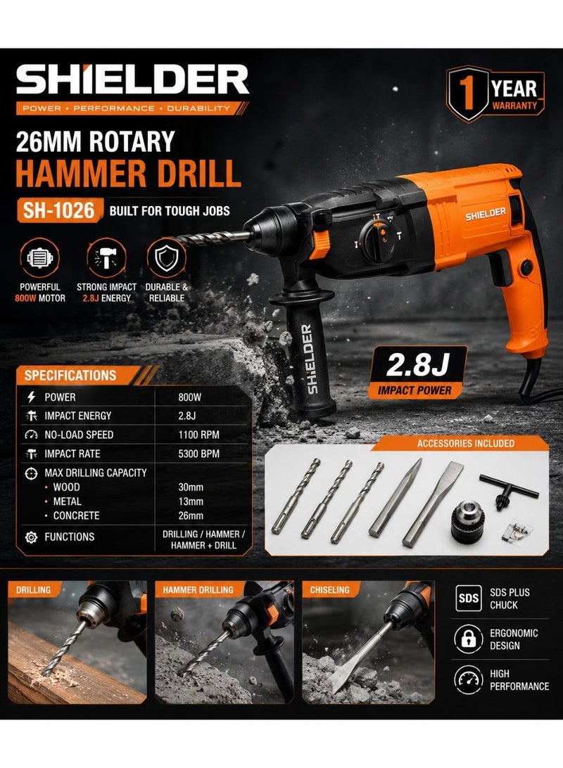 Shielder Rotary Hammer Drill Shielder SH-1026 800W 26mm SDS Plus Concrete Hammer Drill 2.8J Impact Energy With 3 Modes And BMC Case - Image 1