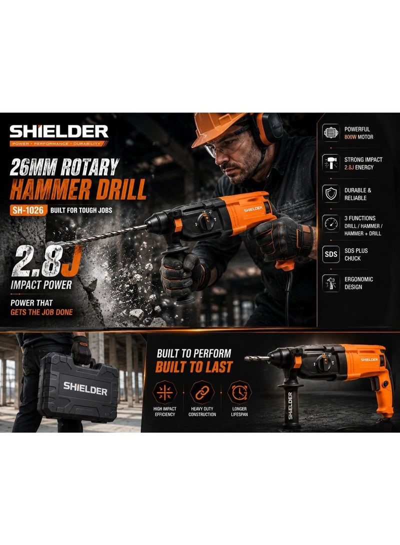 Shielder Rotary Hammer Drill Shielder SH-1026 800W 26mm SDS Plus Concrete Hammer Drill 2.8J Impact Energy With 3 Modes And BMC Case - Image 5