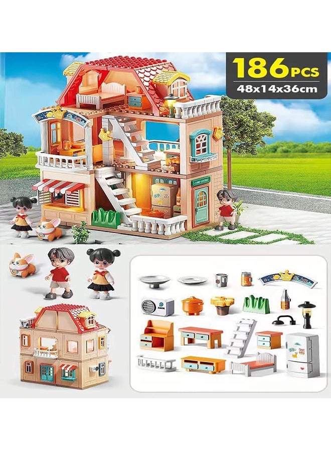 Beauenty 3-Story Dollhouse with Window Room Balcony LED Lights Furniture Accessories 2 Dolls&1 pet 3-9 Year Old Girls Boys - Image 2