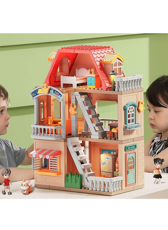 Beauenty 3-Story Dollhouse with Window Room Balcony LED Lights Furniture Accessories 2 Dolls&1 pet 3-9 Year Old Girls Boys - Image 1