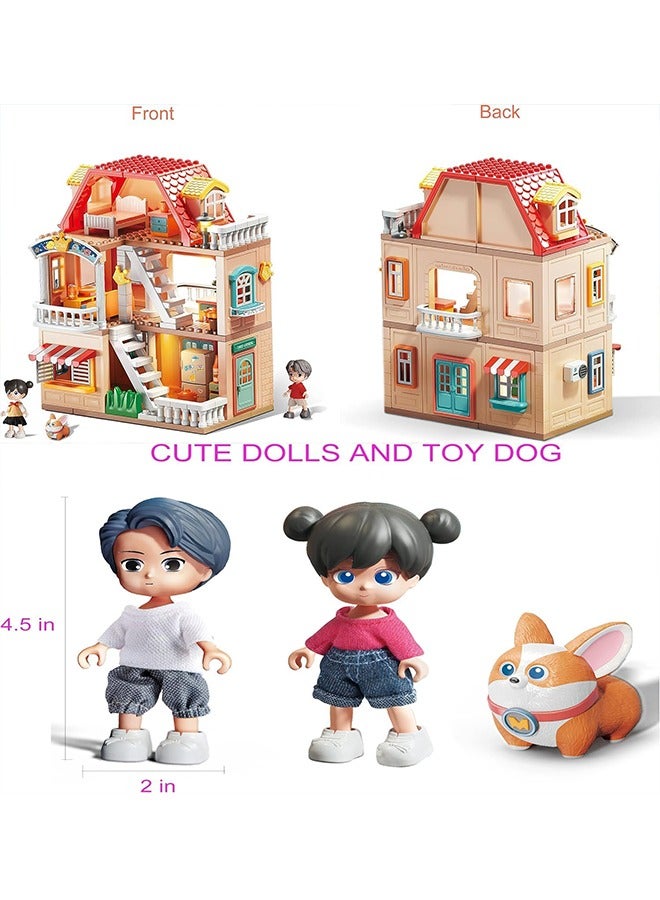 Beauenty 3-Story Dollhouse with Window Room Balcony LED Lights Furniture Accessories 2 Dolls&1 pet 3-9 Year Old Girls Boys - Image 3