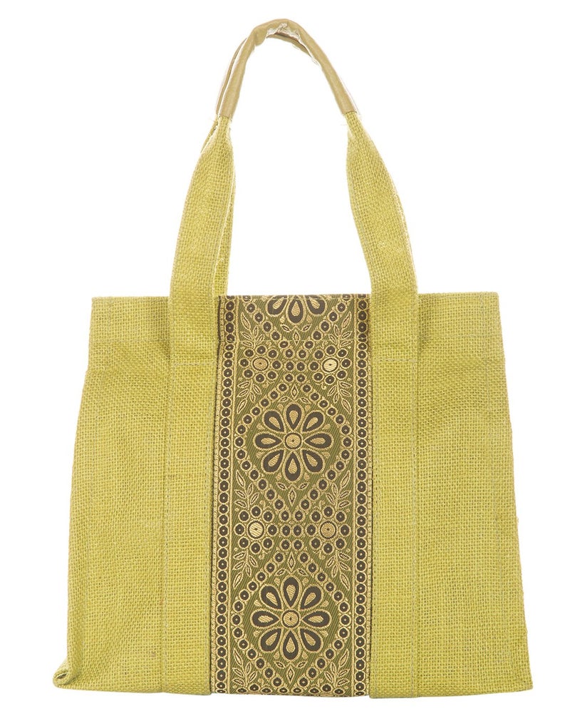 Jute Cottage Jute Bags for Lunch for Women and Men | Jute Grocery Bag | Carry Bag | Jute Tiffin Bags | Jute Bags with zip | Jute Bag With Vertical Brocade Fabric - Olive Green - Image 2