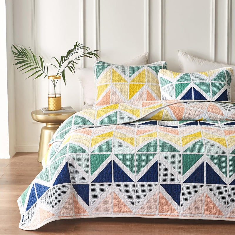 Quilt Set for Summer 2 Piece Reversible Colorful Quilt Set Twin Size with Navy Dark Green Orange Yellow Cubes Microfiber Lightweight Cool Breathable Bedding Coverlet Set Bedspread for All Season