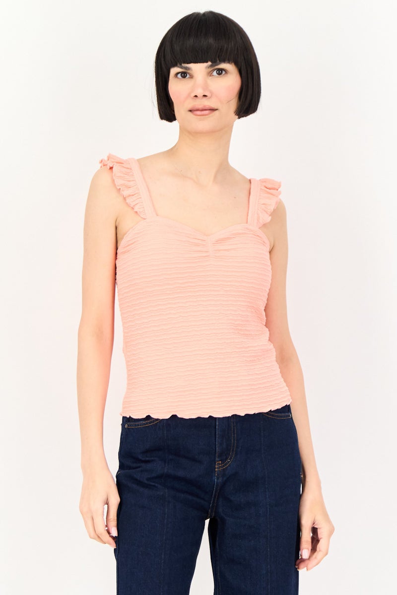 promod Women Square Neck Sleeveless Textured Tank Top, Coral - Image 1