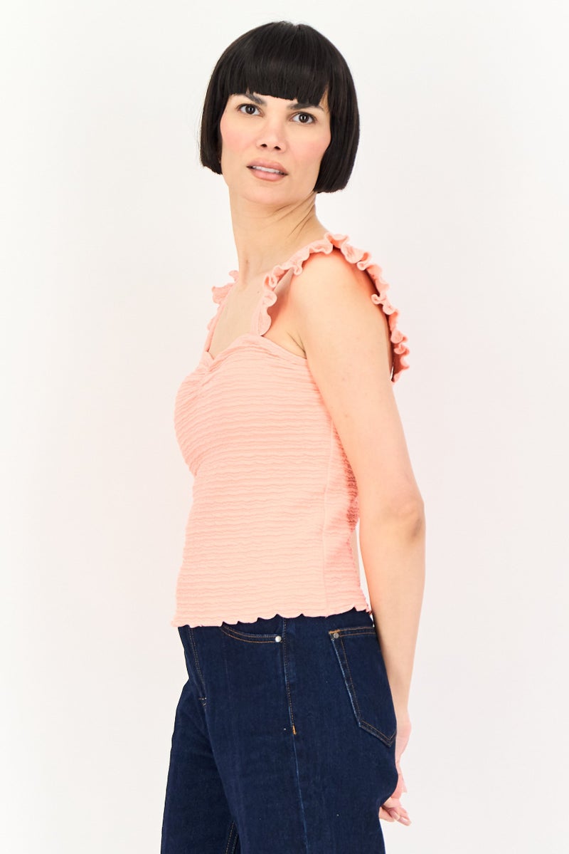 promod Women Square Neck Sleeveless Textured Tank Top, Coral - Image 4