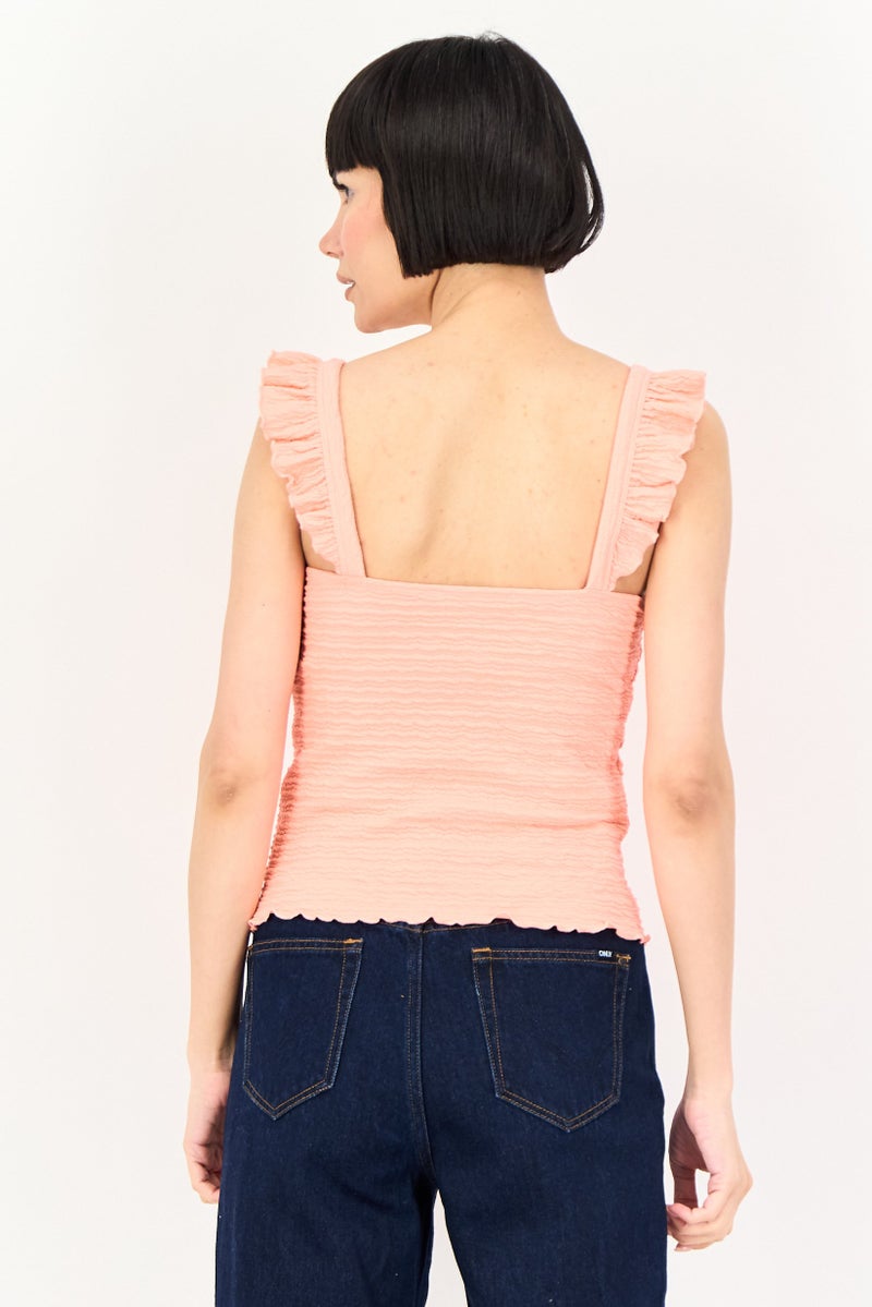 promod Women Square Neck Sleeveless Textured Tank Top, Coral - Image 3