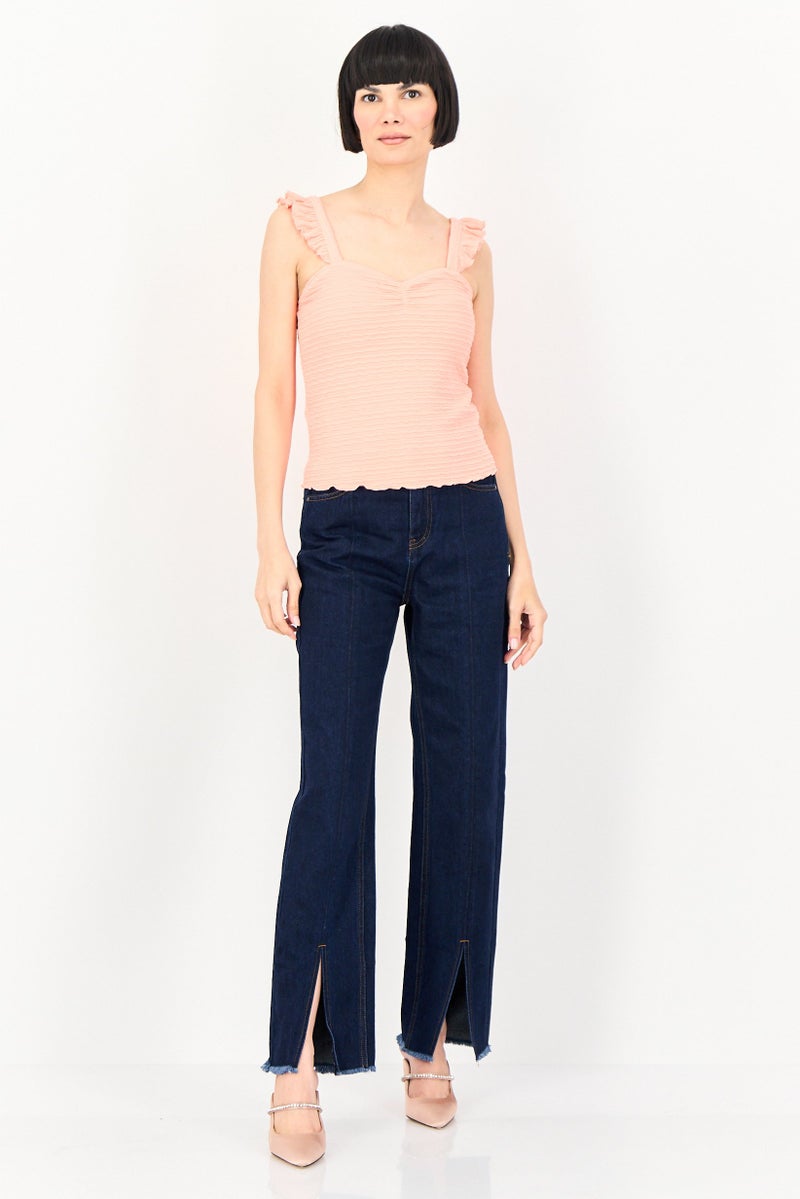 promod Women Square Neck Sleeveless Textured Tank Top, Coral - Image 2