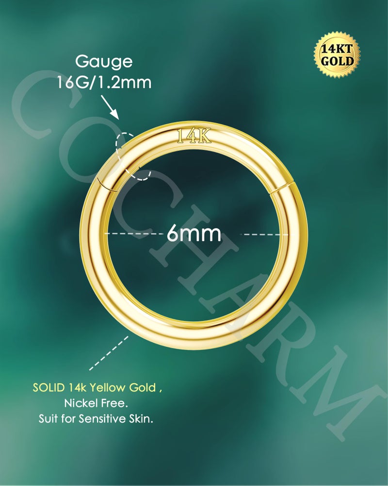 COCHARM 16G 14K Solid Gold 6mm Tiny Helix Tragus Earring Hoop 16g Hinged Snug Rook Hoop Earrings Yellow Gold - Image 4