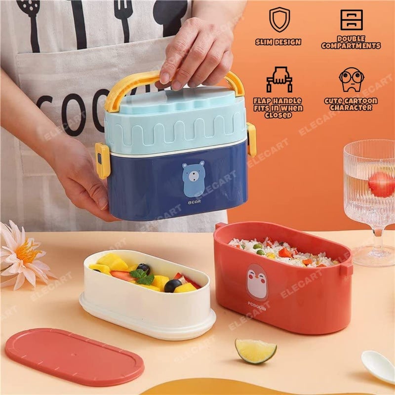 Elecart Double Decker Lunch Box with Cute Handle Tiffin for Kids 2 Compartment Snacks Box School Lunch Box for Toddlers Preschool Picnics Birthday Return Gift Set for Kids Random Color - Image 2
