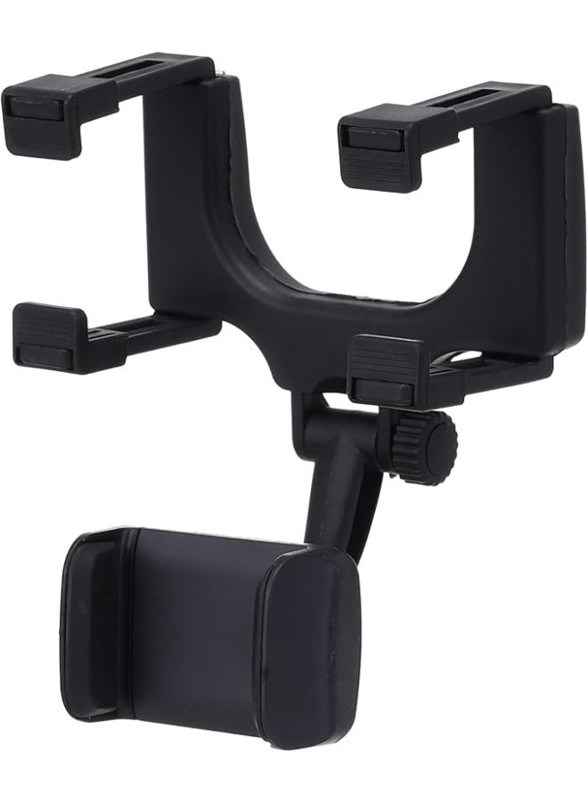 Universal Rear View Mirror Phone Holder - 360° Rotating Smartphone Car Mount - Durable High-Quality Plastic Design - Black.