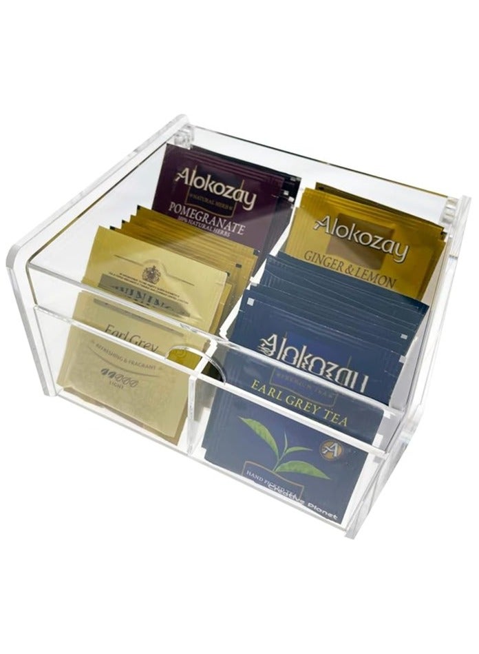 Creative Planet Tea Bag Storage Organizer Box, Clear Polished Acrylic For Pantry Cabinets, Countertops Shelves (4 Compartments) - Image 1