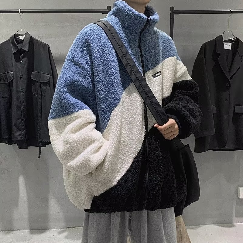 Lamb Fleece Coat Mens Autumn and Winter Hong Kong Style Ins Trendy All-match Loose and Handsome Color Matching Collar Casual Cotton Coat Coat white blue