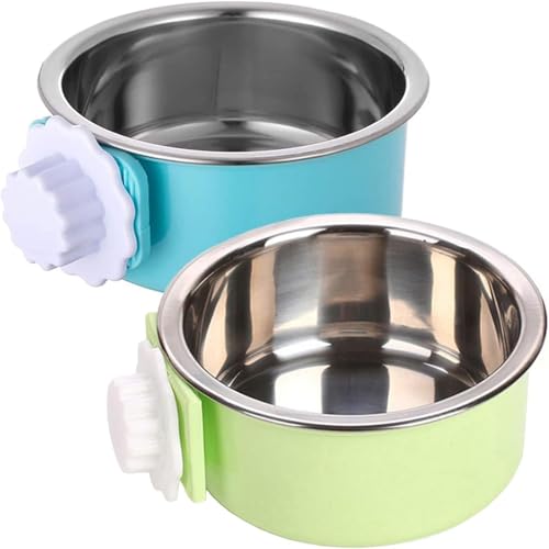 kathson Crate Dog Bowl Removable Stainless Steel Hanging Pet Kennel Cage Bowl Food Water Feeder Coop Cup for Puppy Cat Rabbit Guinea Pigs Ferret Bird 2 PCS Size M Blue and Green - Image 1