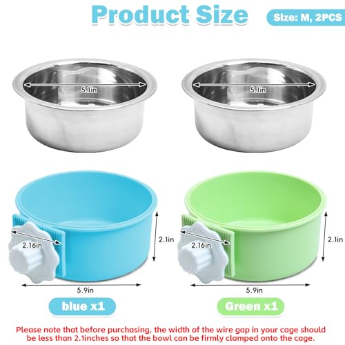 kathson Crate Dog Bowl Removable Stainless Steel Hanging Pet Kennel Cage Bowl Food Water Feeder Coop Cup for Puppy Cat Rabbit Guinea Pigs Ferret Bird 2 PCS Size M Blue and Green - Image 3