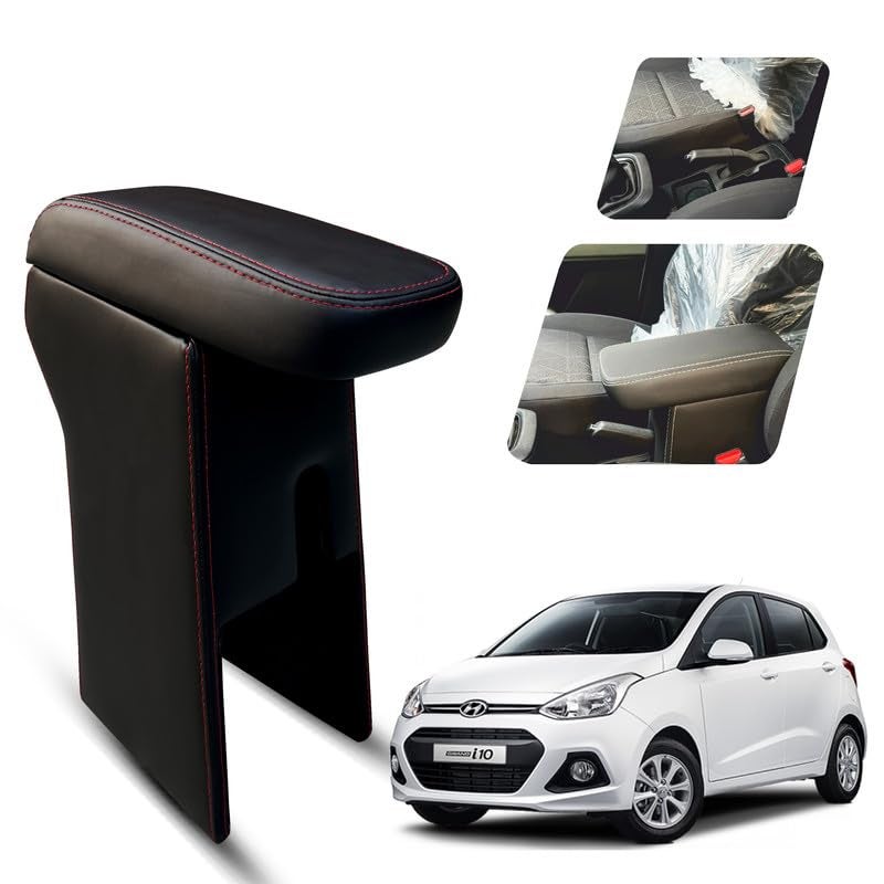 Carigiri Premium Finish Car Armrest with Storage Box And High Density Moulded Foam For Hyundai I10 Grand (Models-2013-2018) (Black With Red Double Stitching,Nappa Leatherette) - Image 1