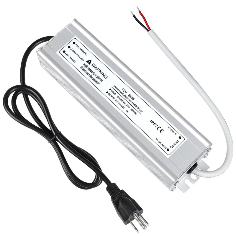 LightingWill LED Driver 60 Watts Waterproof IP67 Power Supply Transformer, 90-265V AC to 12V DC Low Voltage Output, Adapter with 3-Prong Plug 3.3 Feet Cable for Outdoor Use, Computer Project - Image 1