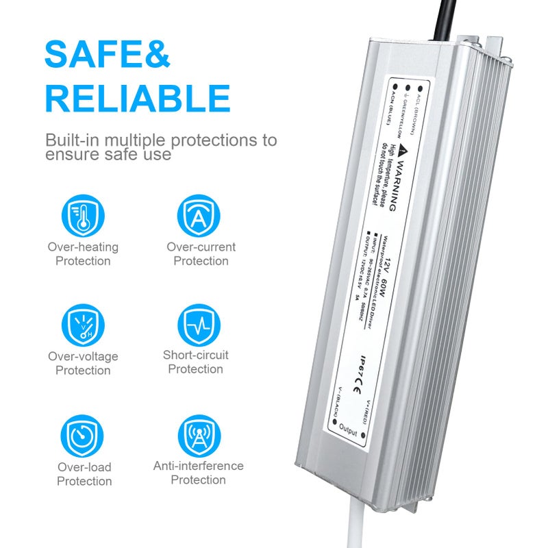LightingWill LED Driver 60 Watts Waterproof IP67 Power Supply Transformer, 90-265V AC to 12V DC Low Voltage Output, Adapter with 3-Prong Plug 3.3 Feet Cable for Outdoor Use, Computer Project - Image 2