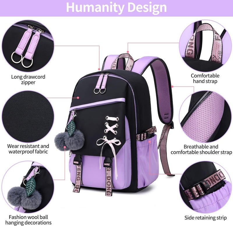 KASTWAVE Teenage Girls Bookbag School Backpack Children Casual Daypack Schoolbag For Teens Black Purple - Image 5