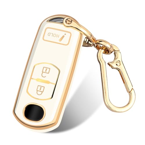 FT FUNTOR for Mazda Key Fob Cover,3 Buttons TPU Key Cover with Golden Edge,Compatible with Mazda 3 6 CX-3 CX-5 CX-7 CX-9 with Keychain (A-White) - Image 1