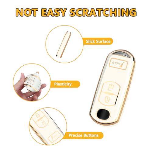 FT FUNTOR for Mazda Key Fob Cover,3 Buttons TPU Key Cover with Golden Edge,Compatible with Mazda 3 6 CX-3 CX-5 CX-7 CX-9 with Keychain (A-White) - Image 4
