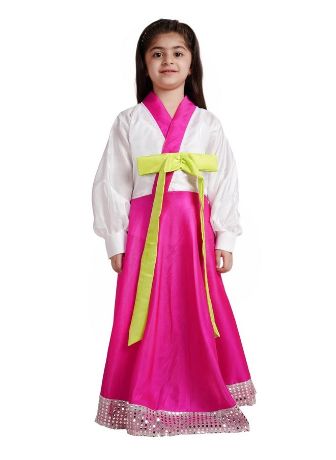Kaku Fancy Dresses Kaku Fancy Dresses Polyester International Ethnic Wear Korean Girl Costume -White-Magenta, 7-8 Years, For Girls  - Image 1