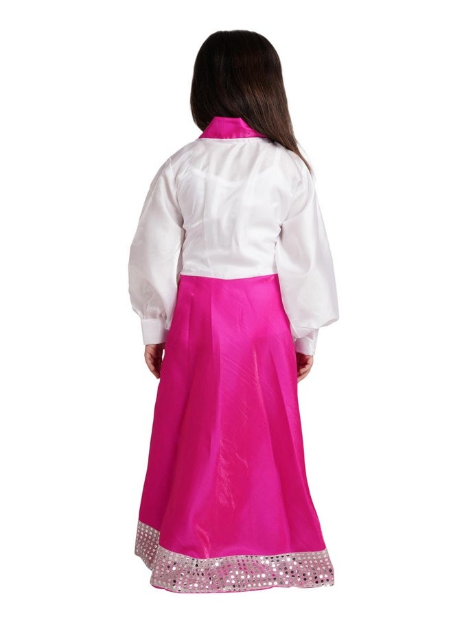 Kaku Fancy Dresses Kaku Fancy Dresses Polyester International Ethnic Wear Korean Girl Costume -White-Magenta, 7-8 Years, For Girls  - Image 2