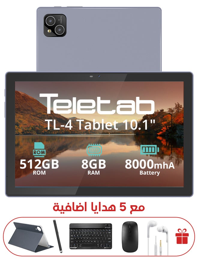 تيلي تاب تابلت TL-4 شاشة 10.1 بوصه 8 جيجابايت رام 512 جيجابايت يدعم شريحتين 4G لون فضي وغطاء جلد لون رمادي | لوحة مفاتيح وفأرة لاسلكية | قلم | سماعة أذن | شاحن تايب سي - Image 1