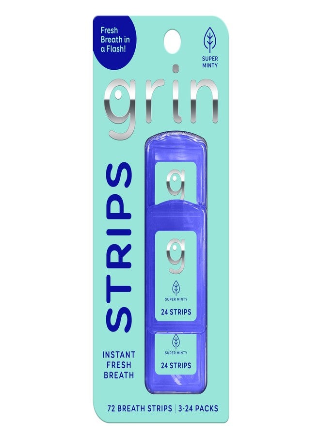 GRIN Super Minty Breath Strips Instant Breath Freshener Strips, Sugar-Free Dissolving Mint Strips, No Water Needed, Portable Pocket Cases, Super Mint Flavor, 72 Count (3 x 24 - Image 1