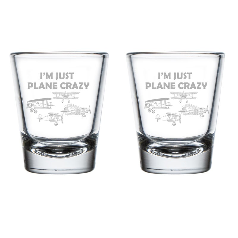 MIP Set of 2 Shot Glasses 175oz Shot Glass Gift Im Just Plane Crazy Funny For Pilot Airplane Lover Aviation