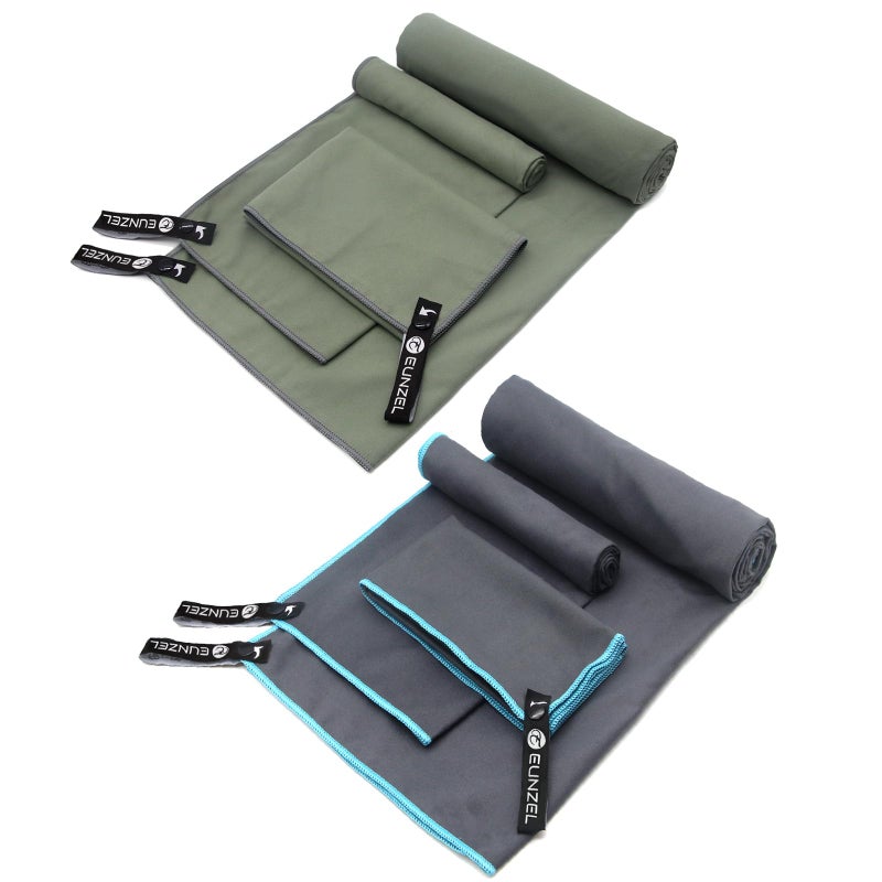 Eunzel 2 Set Quick Dry Camping Towel, Microfiber Travel Towel Super Absorbent Fast Drying Towel for Camping, Beach, Gym, Backpacking & Swimming(Two 3-Piece Towel Sets, Army Green/Grey) - Image 1