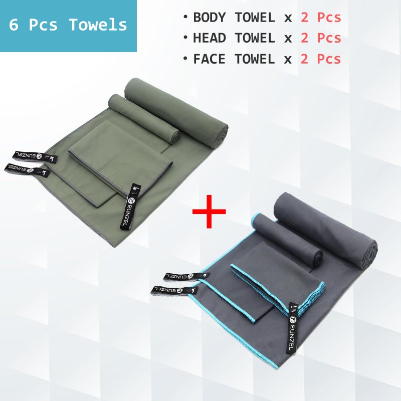 Eunzel 2 Set Quick Dry Camping Towel, Microfiber Travel Towel Super Absorbent Fast Drying Towel for Camping, Beach, Gym, Backpacking & Swimming(Two 3-Piece Towel Sets, Army Green/Grey) - Image 2