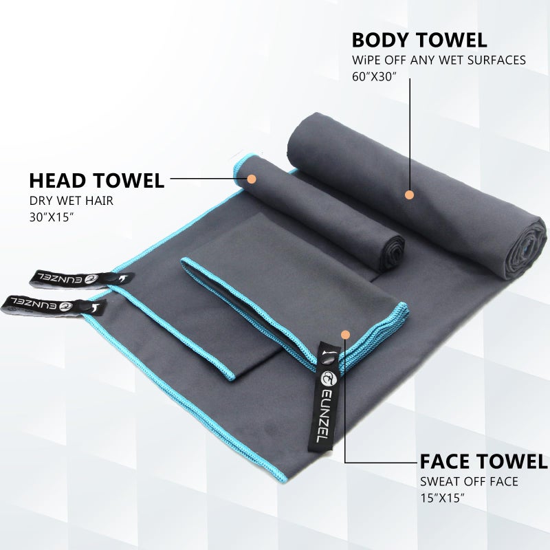 Eunzel 2 Set Quick Dry Camping Towel, Microfiber Travel Towel Super Absorbent Fast Drying Towel for Camping, Beach, Gym, Backpacking & Swimming(Two 3-Piece Towel Sets, Army Green/Grey) - Image 3