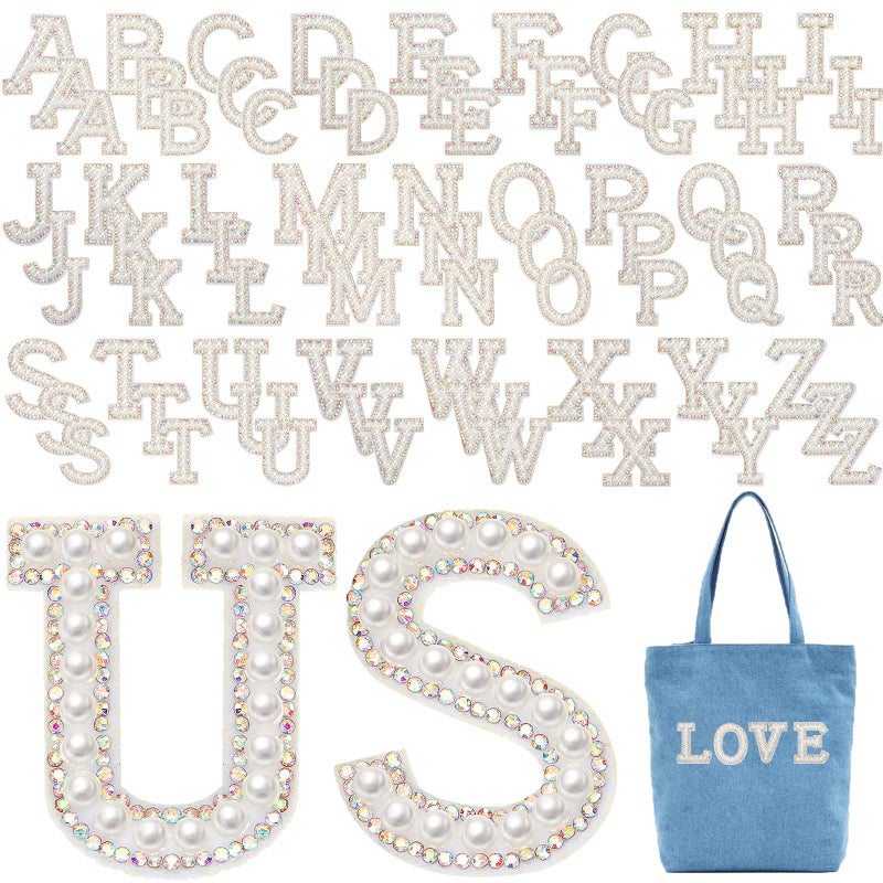 WILLBOND 78 Pcs Pearl Letter Patches Pearl Iron on Letter Patches Rhinestone AZ English Rhinestone Glitter Alphabet Repair Embroidered Sew on AppliquesAB Rainbow Color