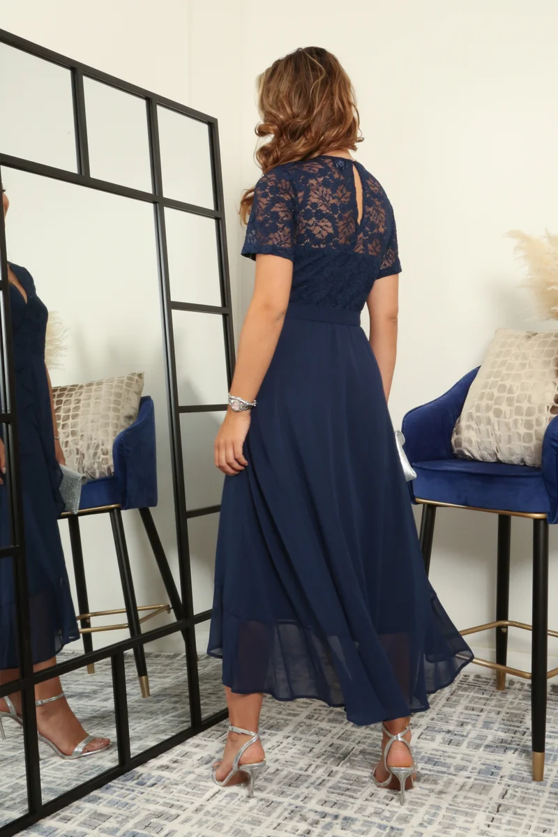 Double Second navy blue Lace Top Frill Hem True Wrap Dress for Women | Best Price UAE