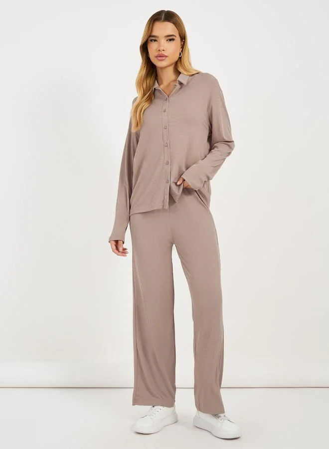 Styli Ribbed Knit Relaxed Fit Shirt & Pants Co-Ords
