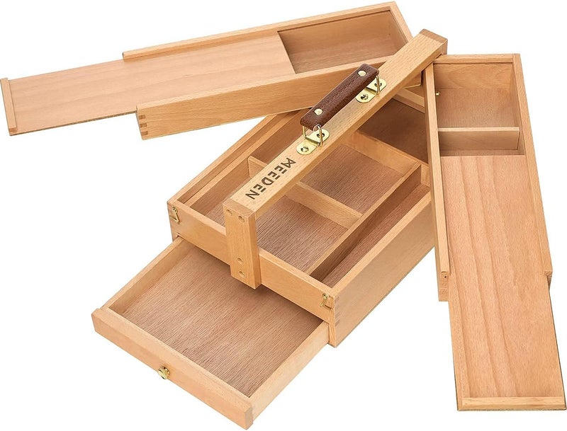 MEEDEN Artist Supply Storage Box - Portable Foldable Multi-Function Beech Wood Artist Tool & Brush Storage Box with Compartments & Drawer for Pastels, Pencils, Pens, Markers, Brushes - Image 1