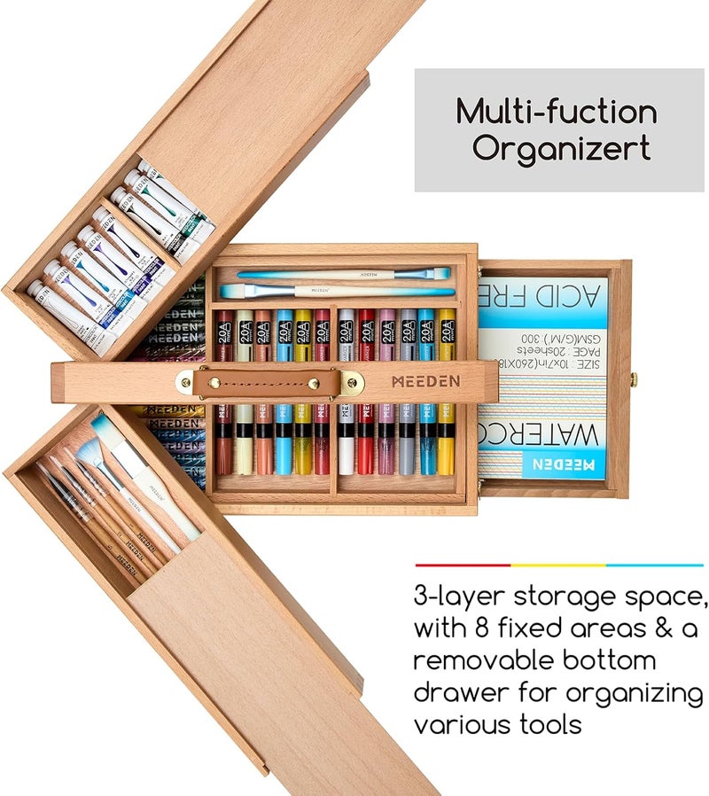 MEEDEN Artist Supply Storage Box - Portable Foldable Multi-Function Beech Wood Artist Tool & Brush Storage Box with Compartments & Drawer for Pastels, Pencils, Pens, Markers, Brushes - Image 3