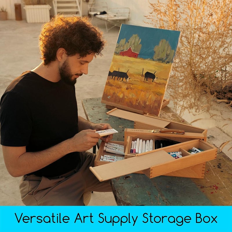 MEEDEN Artist Supply Storage Box - Portable Foldable Multi-Function Beech Wood Artist Tool & Brush Storage Box with Compartments & Drawer for Pastels, Pencils, Pens, Markers, Brushes - Image 5