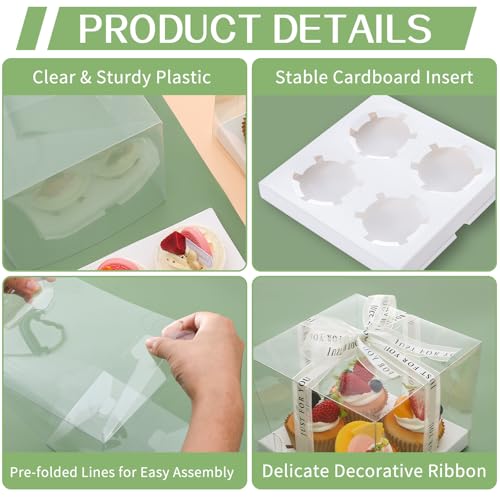 CHENZEM 5 Pcs clear cupcake boxes with complimentary gift ribbon, 4 Count cupcake container, plastic cupcake carrier, for desserts muffins for Easter and Mother's Day (White, 4 Counts/5 pcs) - Image 4