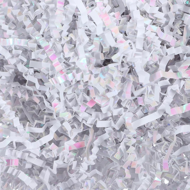 BIUDECO Shredded Paper Crinkle Cut Box Filler 100g Pack, Rainbow White Raffia Grass Decorative Basket Filler for Packaging and DIY Stuffing - Image 4
