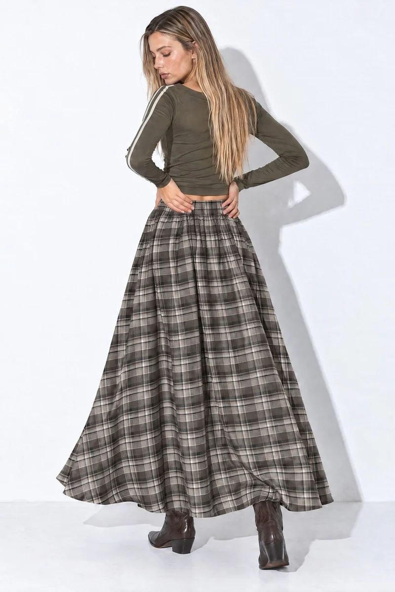 Hiccup Plaid Long Skirt with Slit Detail