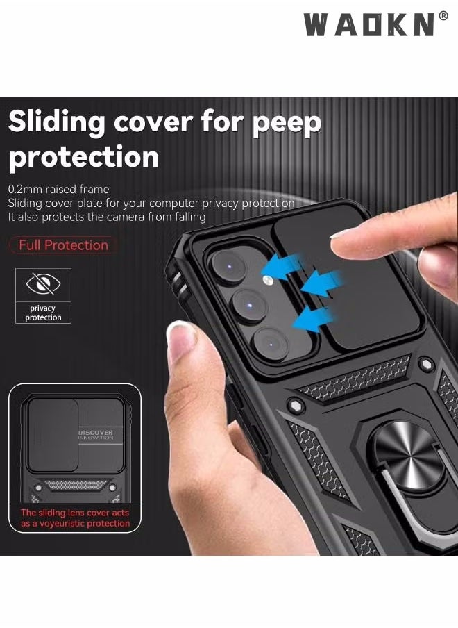 WAOKN For Samsung Galaxy A55 5G Case, Slide Camera Cover, Built-in 360° Rotate Ring Kickstand, Grade Shockproof Test, Heavy Duty Shockproof Protective Case for Galaxy A55 5G 6.6 inch Black  - Image 3