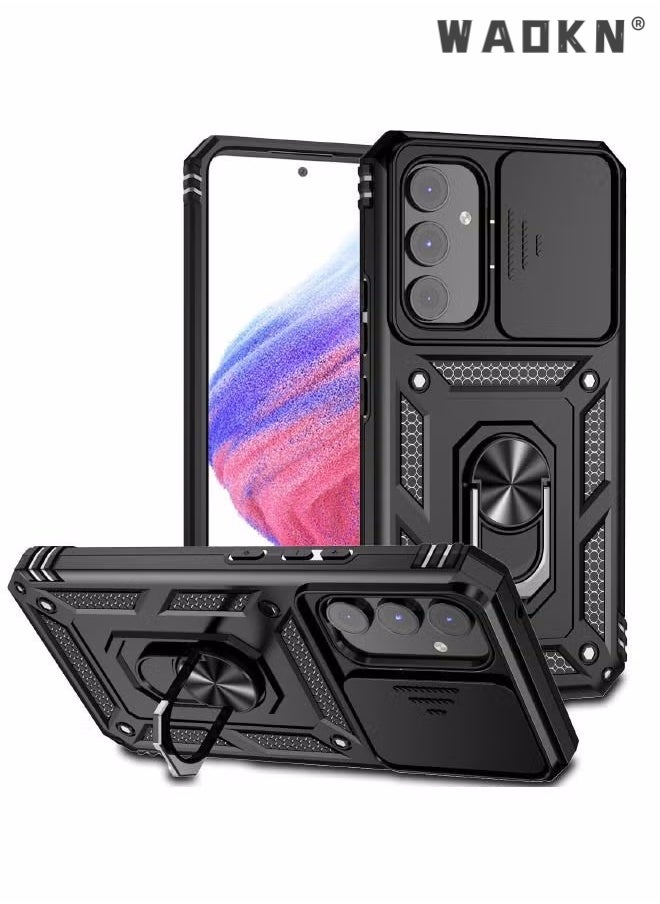 WAOKN For Samsung Galaxy A55 5G Case, Slide Camera Cover, Built-in 360° Rotate Ring Kickstand, Grade Shockproof Test, Heavy Duty Shockproof Protective Case for Galaxy A55 5G 6.6 inch Black  - Image 1